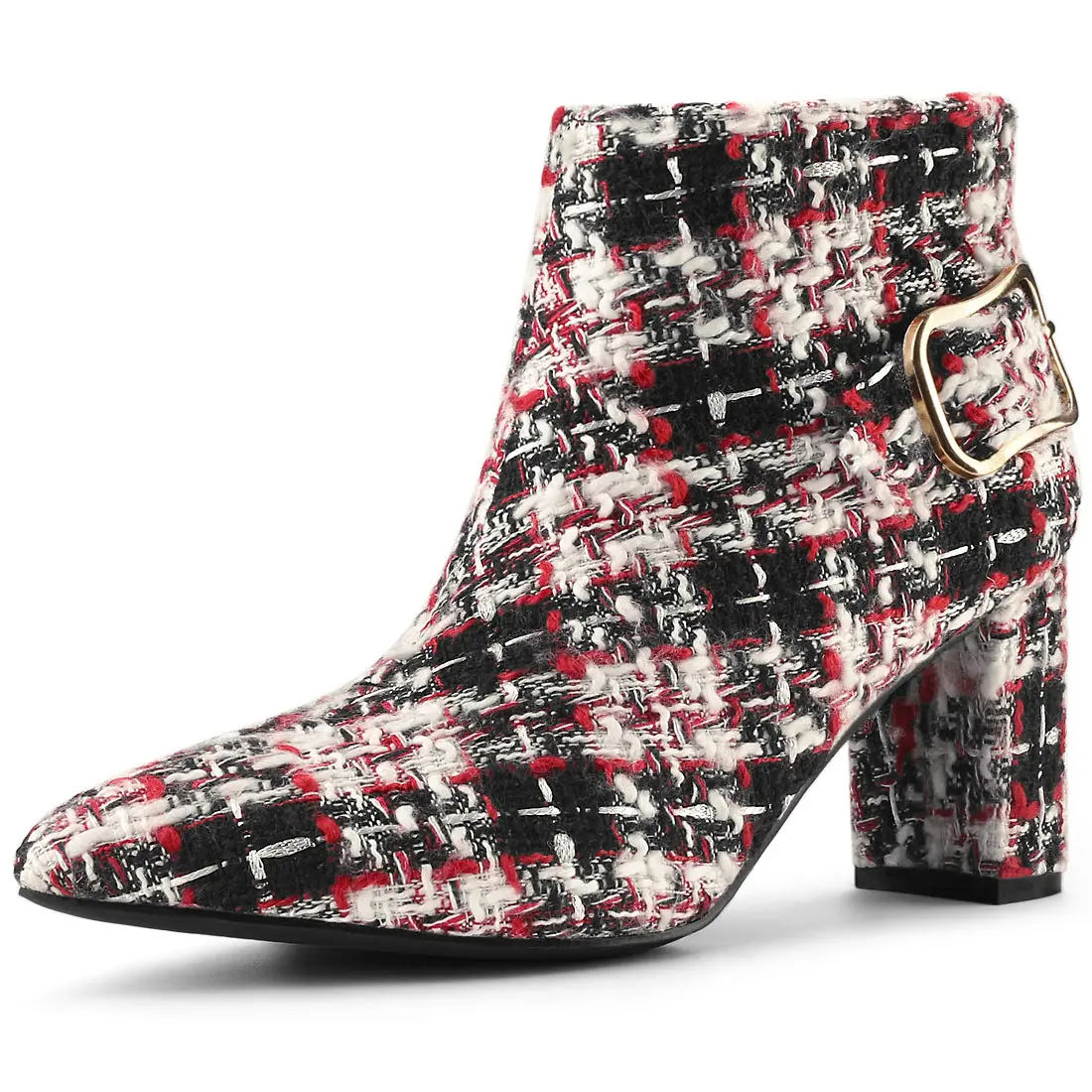 BLISSFUL STEP Women's Plaid Pointed Toe Chunky Heel Ankle Boots