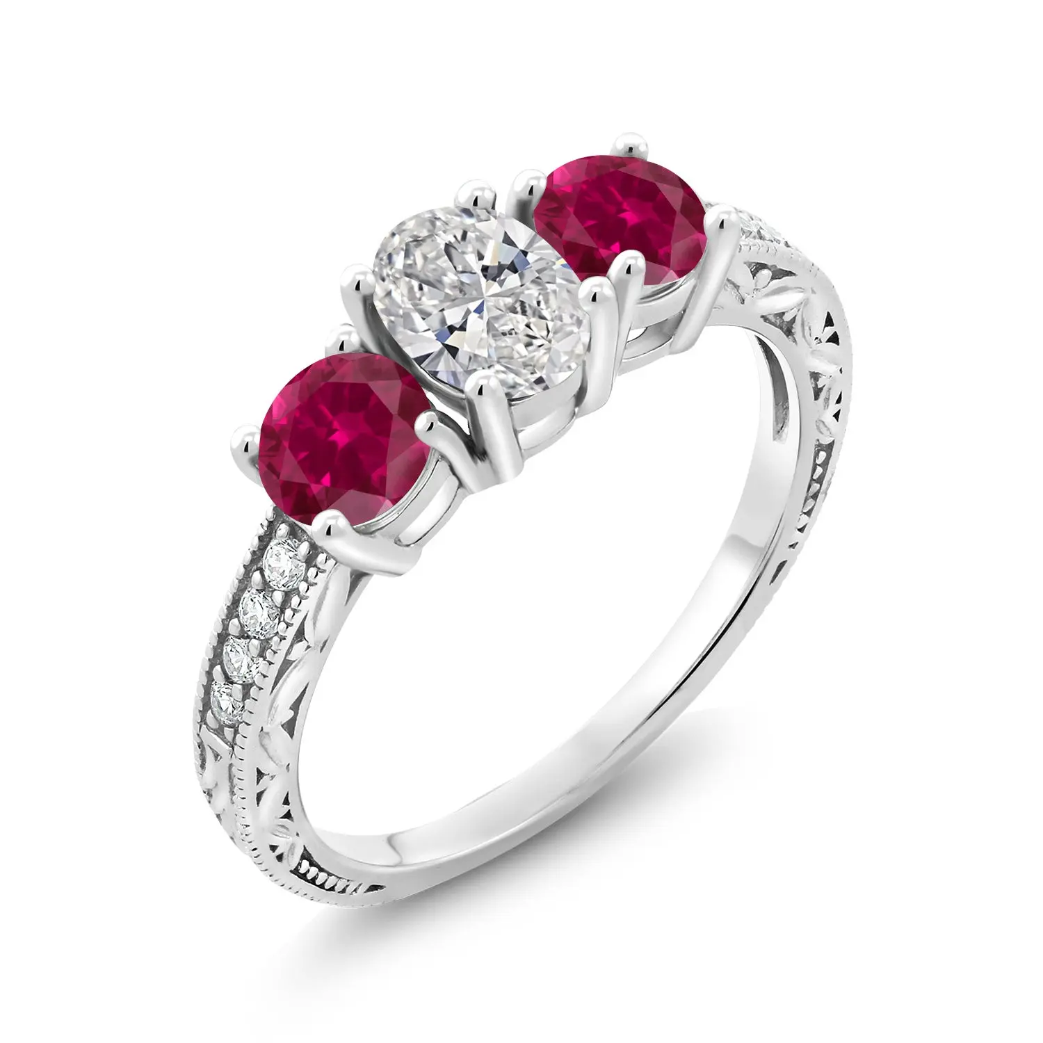 Gem Stone King Women's 10 Karat White Gold IGI Certified Lab Grown Diamond & Red Created Ruby 3-Stone Jewelry Ring, 2.28 Cttw, 1 Ct Oval Center Diamond, D-E Color, VS1-VS2 Clarity, Diamond And Ruby Engagement Ring