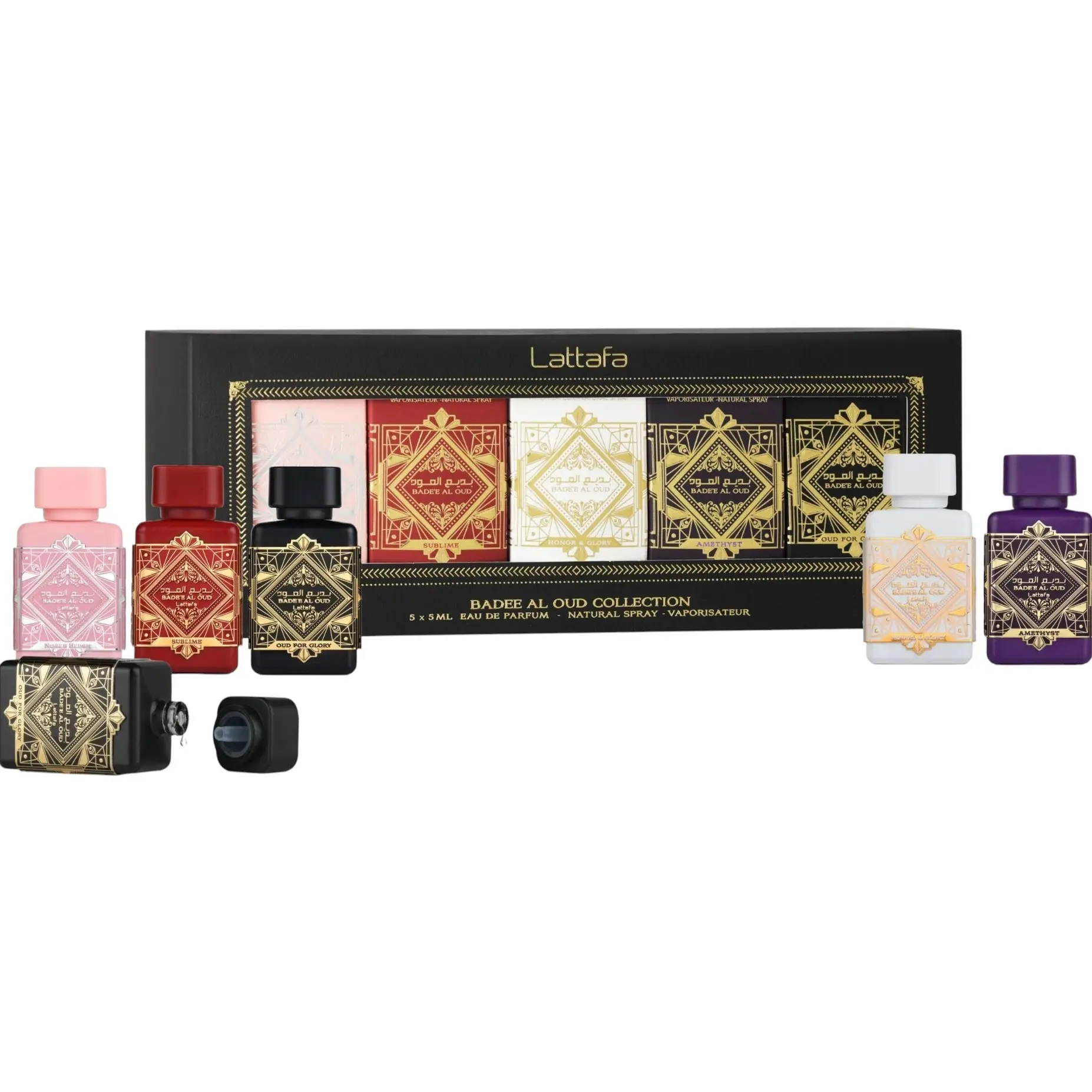 Lattafa | Badee Al Oud | Mini Perfume Collection | Amythest + Honor & Glory + Noble Blush + Oud For Glory + Sublime | 5 ML | Eau De Parfum | Pineapple - Creme Brulé & Cinnamon