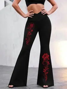 Women's High Waist Flare Pants, Gothic Floral Rose Print, Casual Loose Fit, All Seasons, Comfortable Daily Wear, Versatile Long Pants