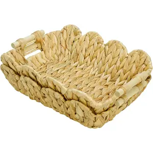 2Pack Scalloped Edge Wicker Basket,Hand-Woven Rattan Baskets with Wooden Handles, Water Hyacinth Basket for Laundry,Shelves, Basket