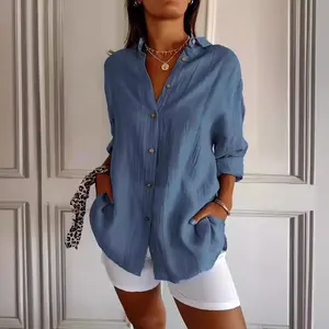 Women's Cotton and Linen Casual Single-Breasted Pleated Lapel Shirt, Summer 3/4 Sleeve Button Down Shirt