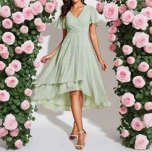 New2025 Ruffles Sleeve Pleated V-Neck A-Line Midi Chiffon  Evening Holiday Party spring Dress Formal Womenswear