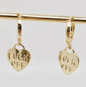 "Fuck Off" Heart-Shaped Gold Plated Huggie Earrings