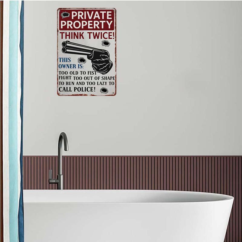 "Private Property - Think Twice!" Vintage Aluminum Metal Sign - 12x8in Funny Home Protection Wall Decor Hanging Lazy Safety Signage