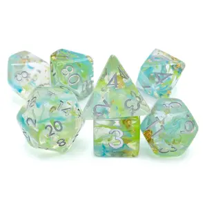 Candy Swirl Resin DnD Dice Set - 7-Piece Gold Foil RPG Dice with Enchanted Blue-Green Resin, Radiant Silver Numerals for Epic Tabletop Quests