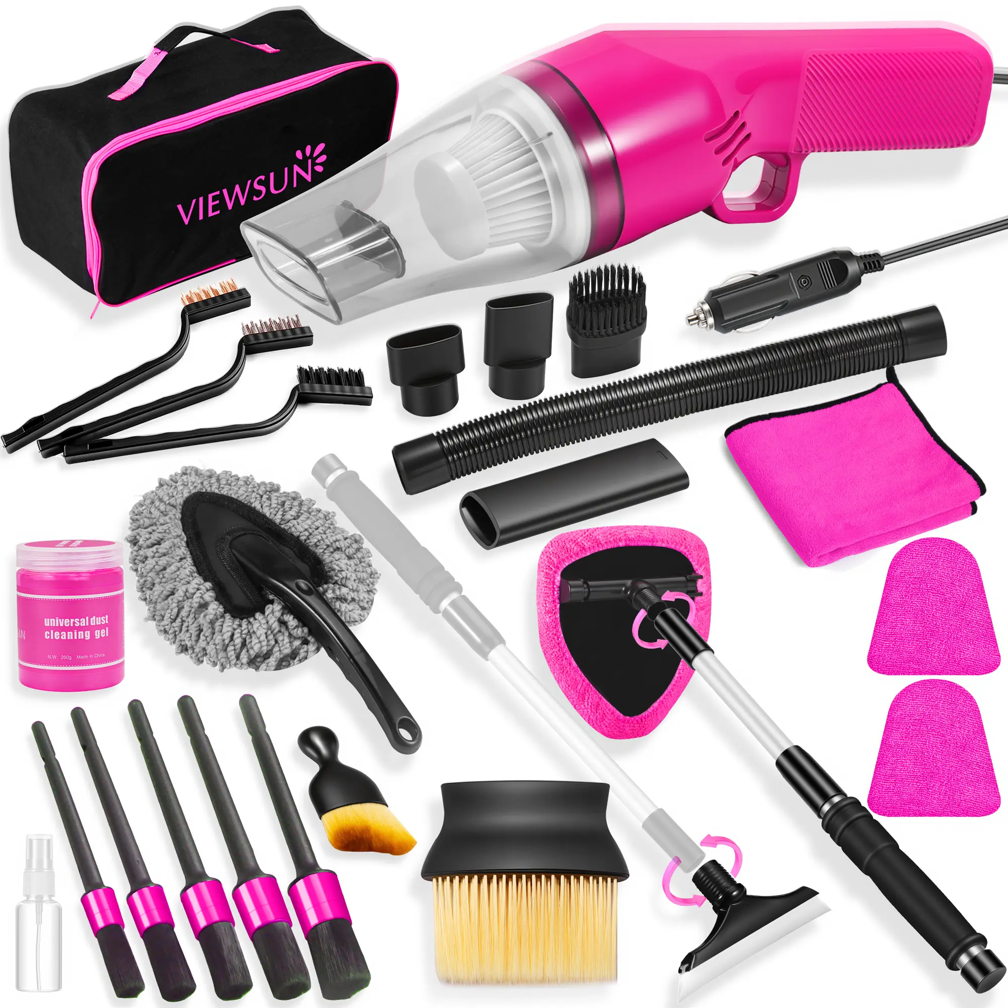 【TikTokShopBackToSchool】Viewsun 17PCS Car Cleaning Kit, Car Interior Detailing Kit with Pink High Power Handheld Vacuum, Detailing Brush Set, Windshield Cleaner, Cleaning Gel, Complete Auto Accessories for Women, Summervibes, Birthday, Cars