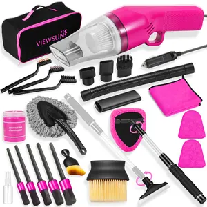 【fathersdaygift】Viewsun 17PCS Car Cleaning Kit, Car Interior Detailing Kit with Pink High Power Handheld Vacuum, Detailing Brush Set, Windshield Cleaner, Cleaning Gel, Complete Auto Accessories for Women, Summervibes
