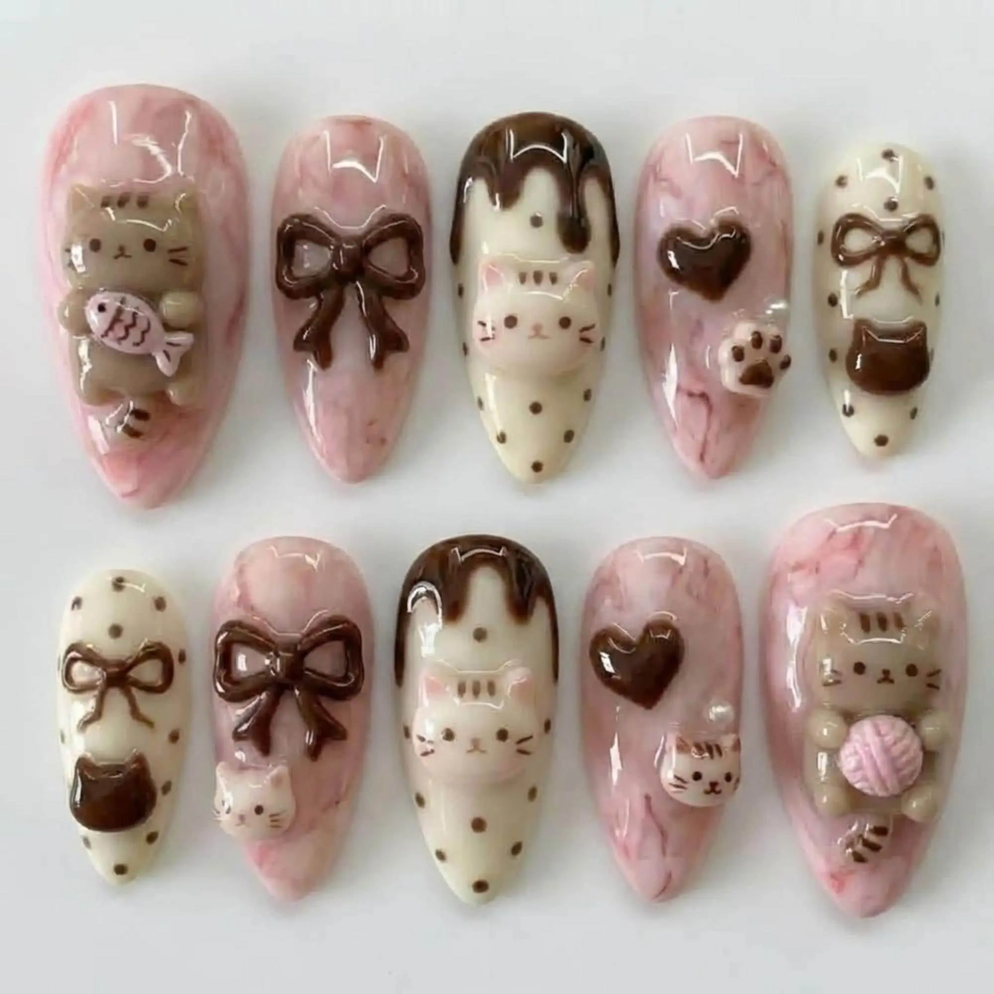 Cute Kawaii Cat Pink Marble & Choco Press On Nails, Sweet Coquette 3D Sculpted Bows, Paw Prints, Japanese Y2K Fairycore Custom Nails Set