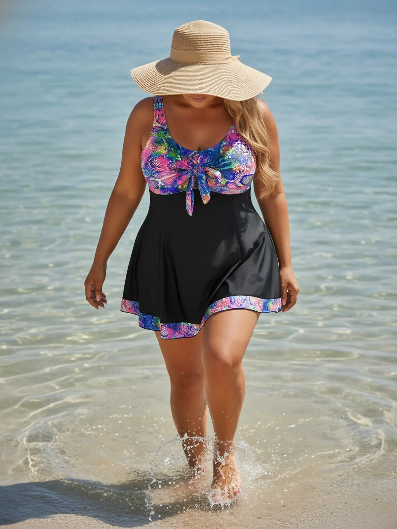 Loose and comfortable colorful snake skin print front bow women's plus size Tankini set, Tankini Outfit, Hawaiian style skirt style swimming swimsuit, women's island carnival, Tankini with shorts, Beachwear