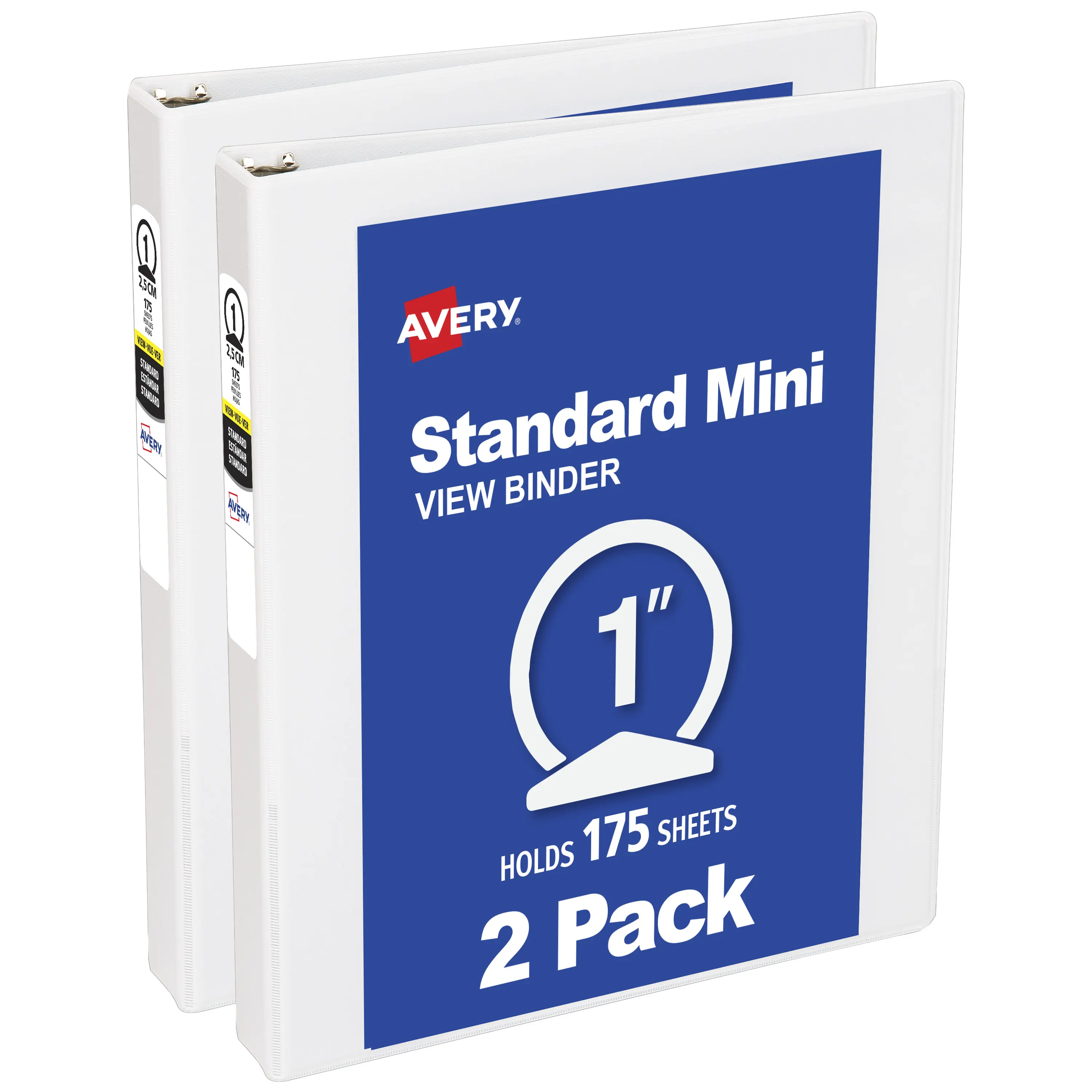 Avery® Standard View Mini 3 Ring Binder, 1" Round Rings, 175-Sheet Capacity, 1.4 Inch Wide Spine, 1 White Binder, Ideal for Lightweight Organization and Occasional Referencing (2-Pack of 05806)