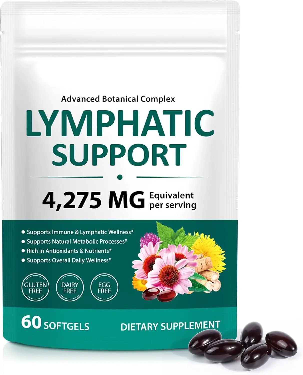 FANSHI Lymphatic Drainage Supplements 60 Softgels | Herbal Blend with Echinacea, Dandelion & Burdock Root | Promotes Healthy Circulation & Fluid Balance | Supports Overall Daily Wellness