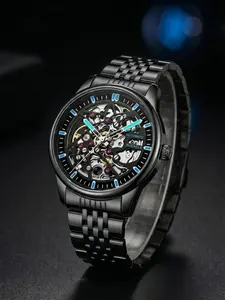 Men's Business Fashion Automatic Round Dial Mechanical Watch with Engraved Design, Elegant All-match Fashion Accessories for Daily Wear, Exquisite Accessories for Birthday Gifts, Mechanical Style Watches