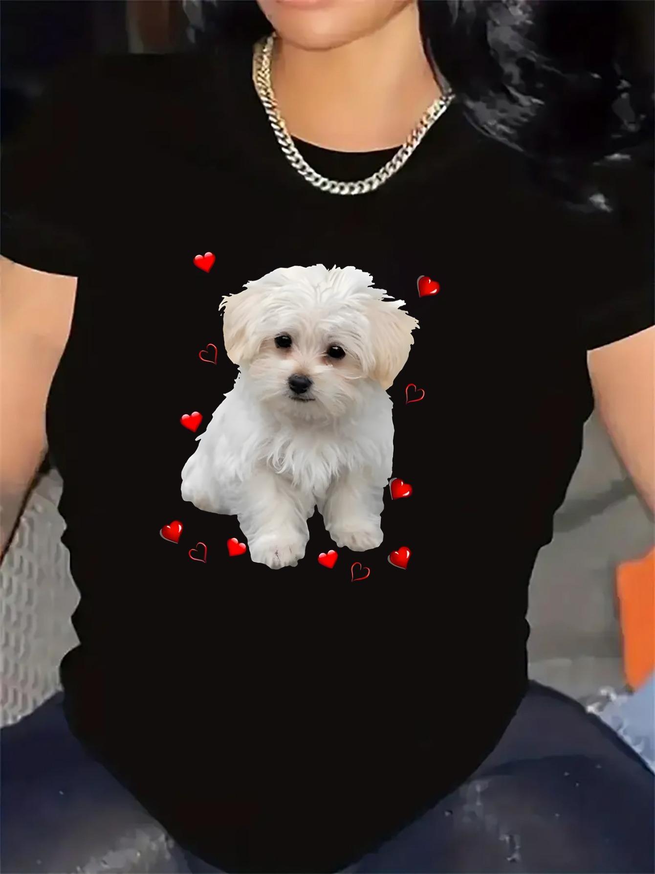 Short Sleeve T-Shirt With Maltese Dog Print And Red Hearts| Made Of, Lightweight And Durable, Perfect For Casual Wear At Home Or Restaurant, Comfortable Everyday Outfit For Women, Crew Neck Style