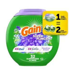 Gain Super Flings! 4X Oxi 3X Febreze Dewdrop Dream Scent Laundry Detergent Packs 32 Count USA Made