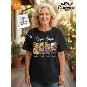 Custom Photo & Name Printed tee, Upload Family Group Photos for DIY Puzzle Design. Crew Neck Loose Pure Cotton Short Sleeve, Breathable Comfortable Summer Tee. Warm Commemorative Shirt As Gifts Elders