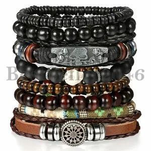 8pcs Set Black Skull Brown Tribal Leather Cuff Wristband Bracelet for Men Women