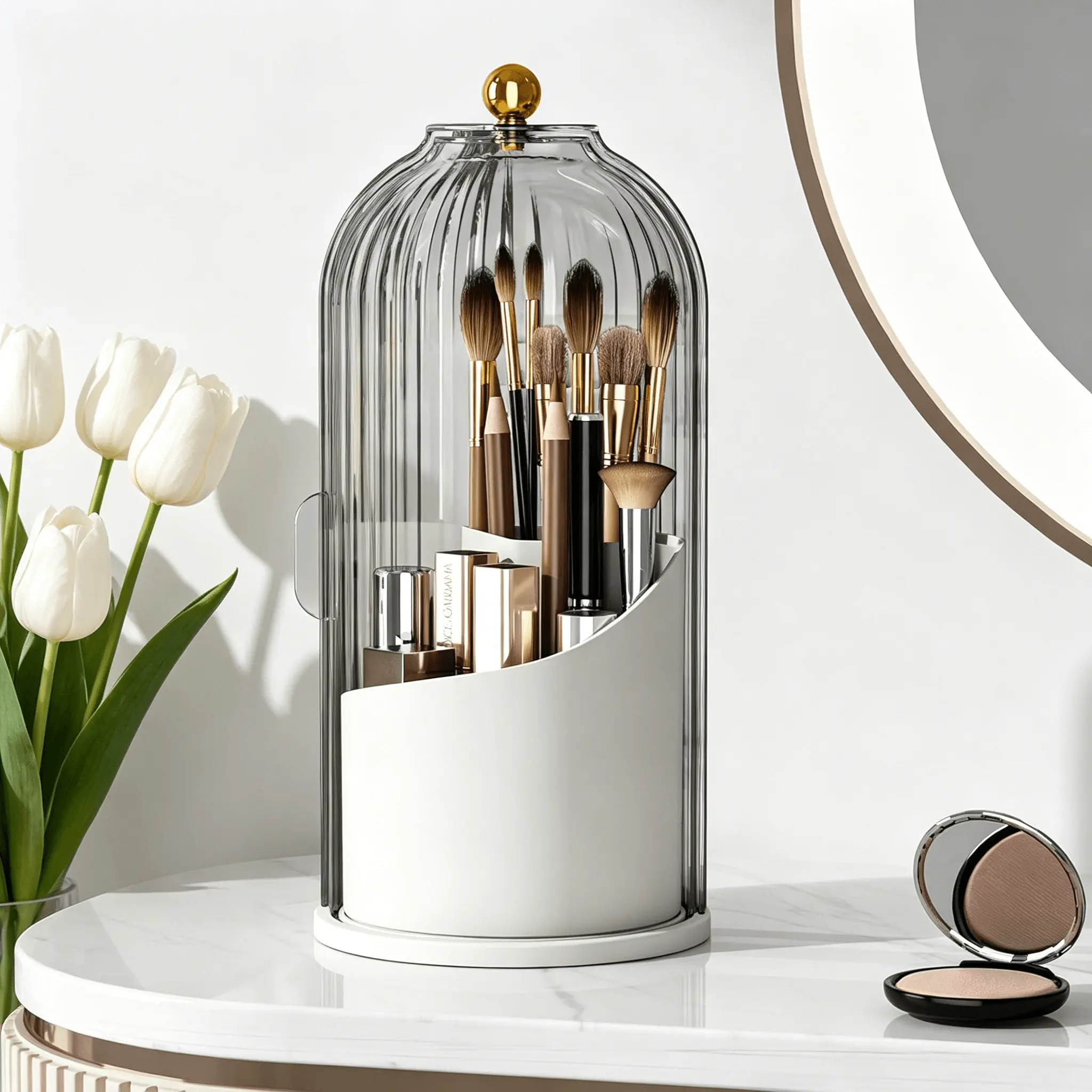 Dustproof Rotating Vanity Makeup Brush Holder Jar, Airtight Flip Lid Freestanding Portable ABS Cosmetic Box, 360° Rotatable 3-Compartment 4.8 Inches Diameter Canister, 4 Color Options (Clear, Smoke Gray, Dark Green, Black) for Brushes, Lipsticks, Liners,
