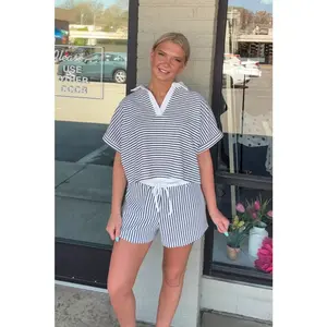 Zenana-Striped Collared Top and Shorts Set