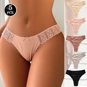 Women's Bow Front Frill Trim Sheer Thong, Soft Comfy Breathable Panty for Daily Wear, Pastel Ladies Underwear for Summer Girl Wear