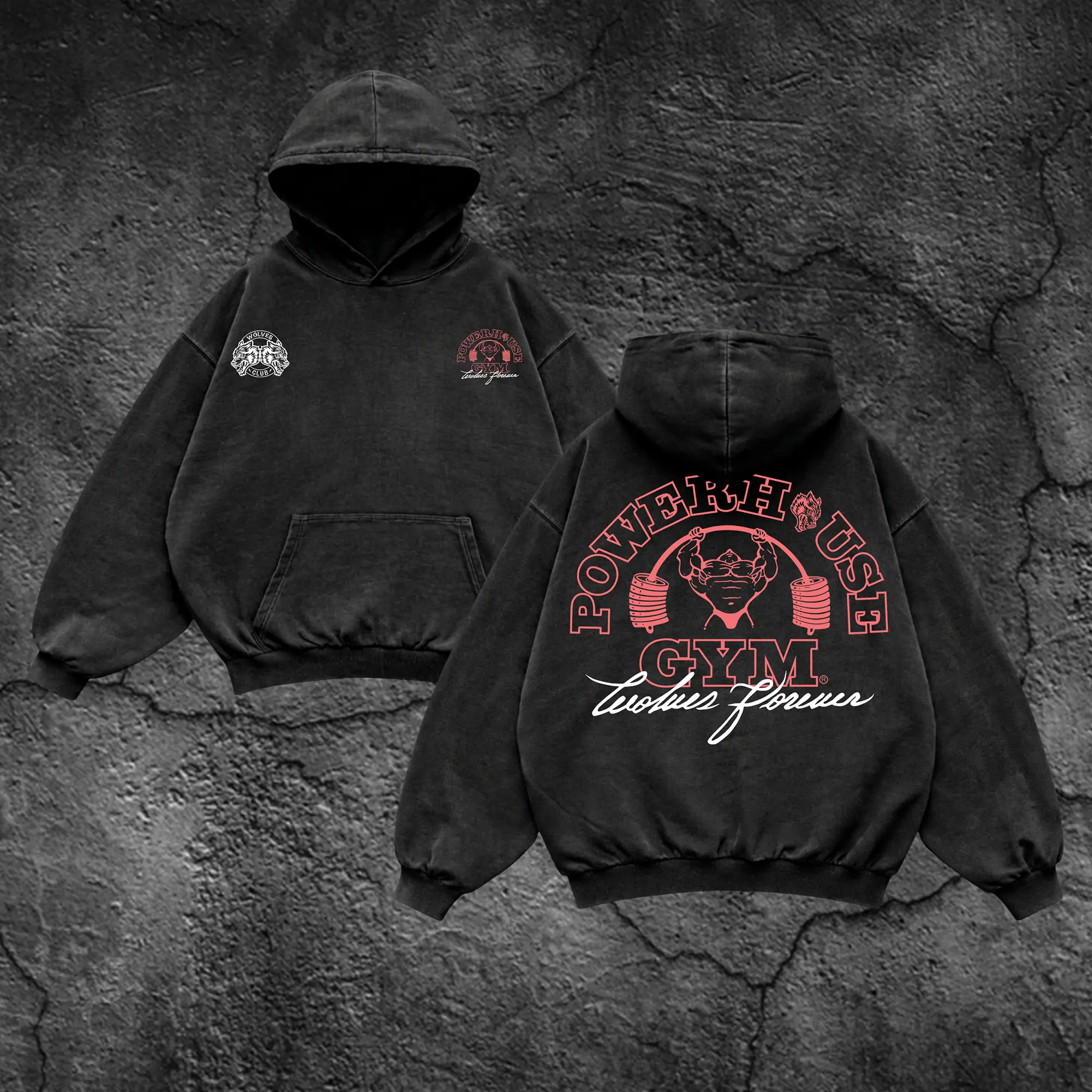 Wolves PowerHouse Gym Oversized Washed Hoodie, Gym Apparel, Workout Wear, Training Men's Top, Aesthetic Shirt, Discipline, Strength, Focus