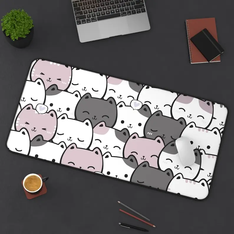 Cute Cat Desk Mat, Kawaii Office Decor, Cat Lover Gift, Cat Mouse Pad, Kawaii Cat Mousepad, Cute Kawaii Desk Mat, Pink Kawaii Cat Desk Mat