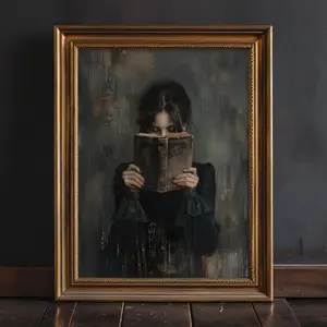 Dark Academia Woman Reading Antique Book Canvas Wall Art, Moody Vintage Gothic Oil Painting Print, Dark  Bedroom Decor Unframed Canvas Poster, Frame Not Included