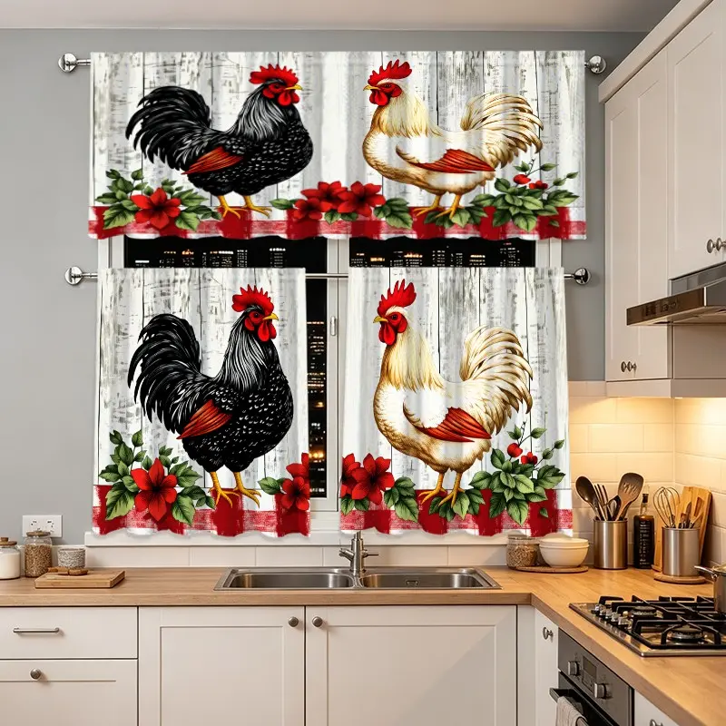 3pcs Farm Style Rooster Floral Drapes, Kitchen Living Room Decorate Curtain Valances Set, Cafe Restaurant Home Decoration Curtain, No Pole, Gift for Family Friends, Curtain for Windows