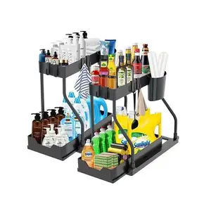 2-Tier Under Sink Organizer, Sliding Drawer Storage Rack with Removable Hooks & Hanging Cups, Pipe Friendly Space Saver for Kitchen Bathroom Laundry Cabinet Storage