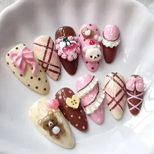H22 Sweet Chocolate Press-On Nails, Cute Bear & Bow Design in Pink and Brown, Custom Handmade Gift, Handmade Holiday Nail, Gift for Her, Holiday Nails, Nail Inspo