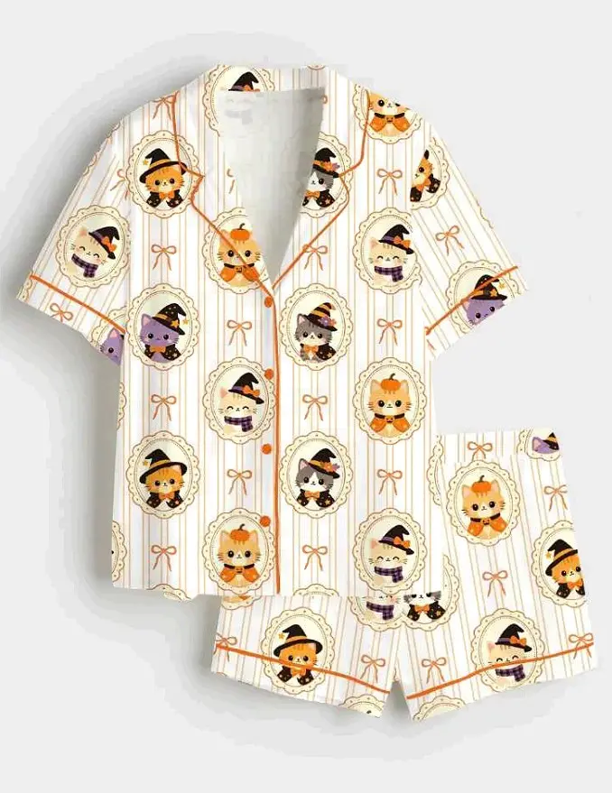 Women’s Cute Halloween Cat Pajama Set, Witch Pumpkin Kitty Print Sleepwear, Short & Long Button Down Pajamas