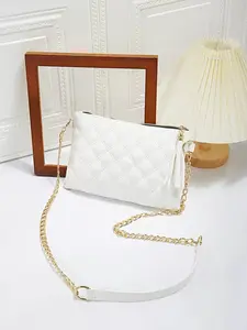 Women's Solid Color Crossbody Bag, Trendy White Quilted Crossbody Bag with Gold Chain – Small PU Leather Shoulder Purse with Tassel for Office & Daily Outfits