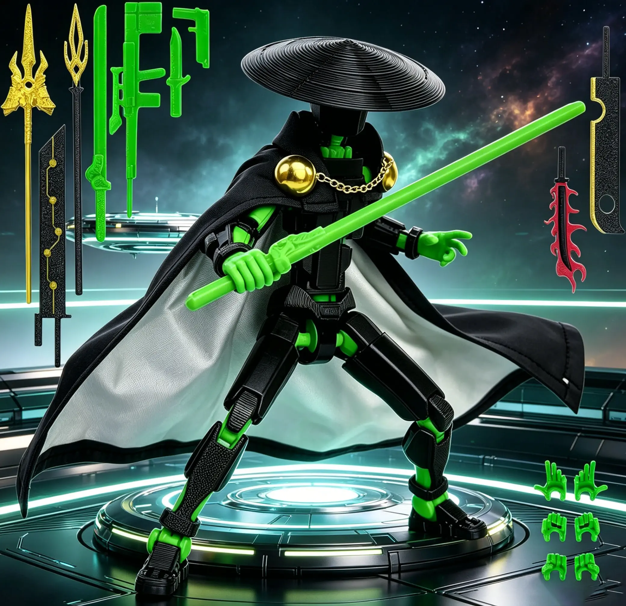 T13 Multi-Jointed Samurai  with Conical Hat, Cape & Weapons Set - 3D Printed Posable Robot Dummy Toy for Kids & Collectors  DIY Toys