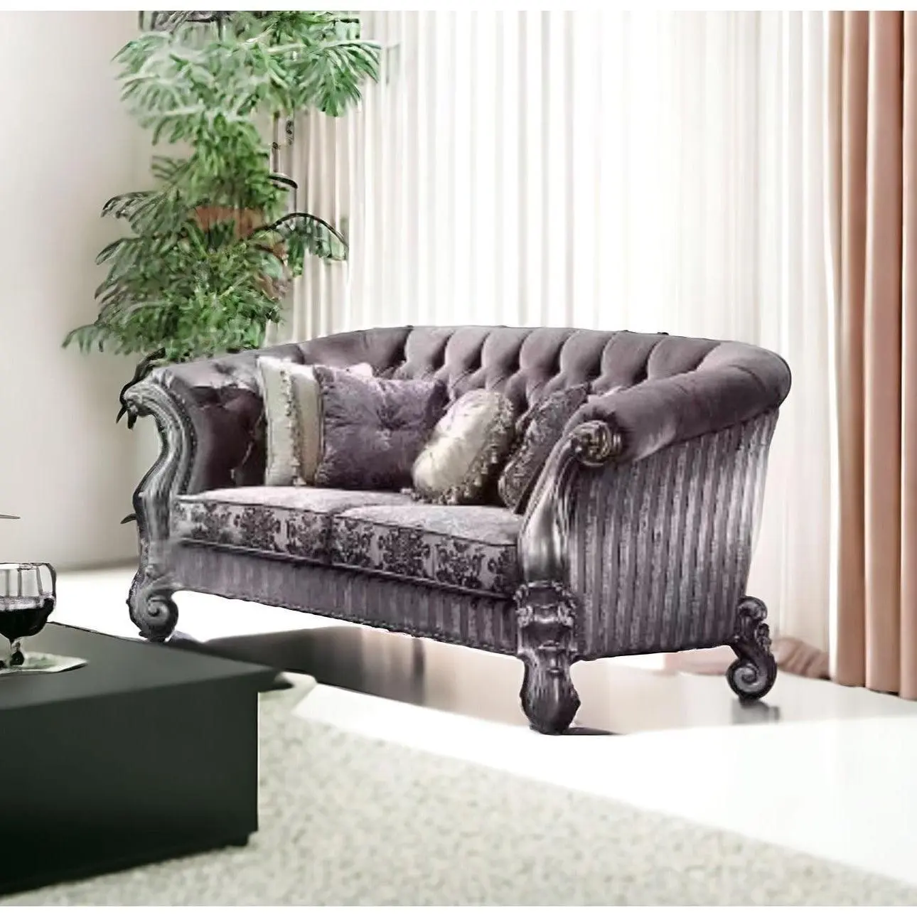 76" Purple And Platinum Velvet Loveseat and Toss Pillows