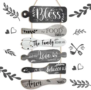 6 Pcs Bless The Food Before Us Sign Farmhouse Kitchen Wall Decor Dining Room Decorations Collage Wall Rustic Hanging Wood Art Signs Housewarming Gifts for Kitchen Living Home(Assorted Colors)