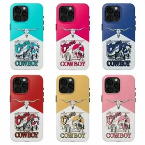 Cowboy Western Tough Phone Case - Longhorn Skull Rodeo Horse Print for iPhone 11 12 13 14 15 16 17 Pro Max Plus Air/Samsung S22-S24