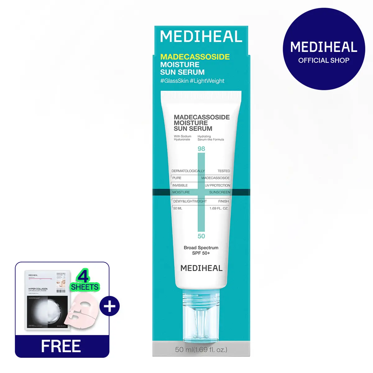 [MEDIHEAL] Madecassoside Moisture Sun Serum (50ml) | 3-in-1 UV Protection & Deep Hydration | 98% Pure Madecassoside & 79% Serum Ingredients | No White Cast Lotion-Like Texture | Pipette Tube Control Tip | Korean Skincare