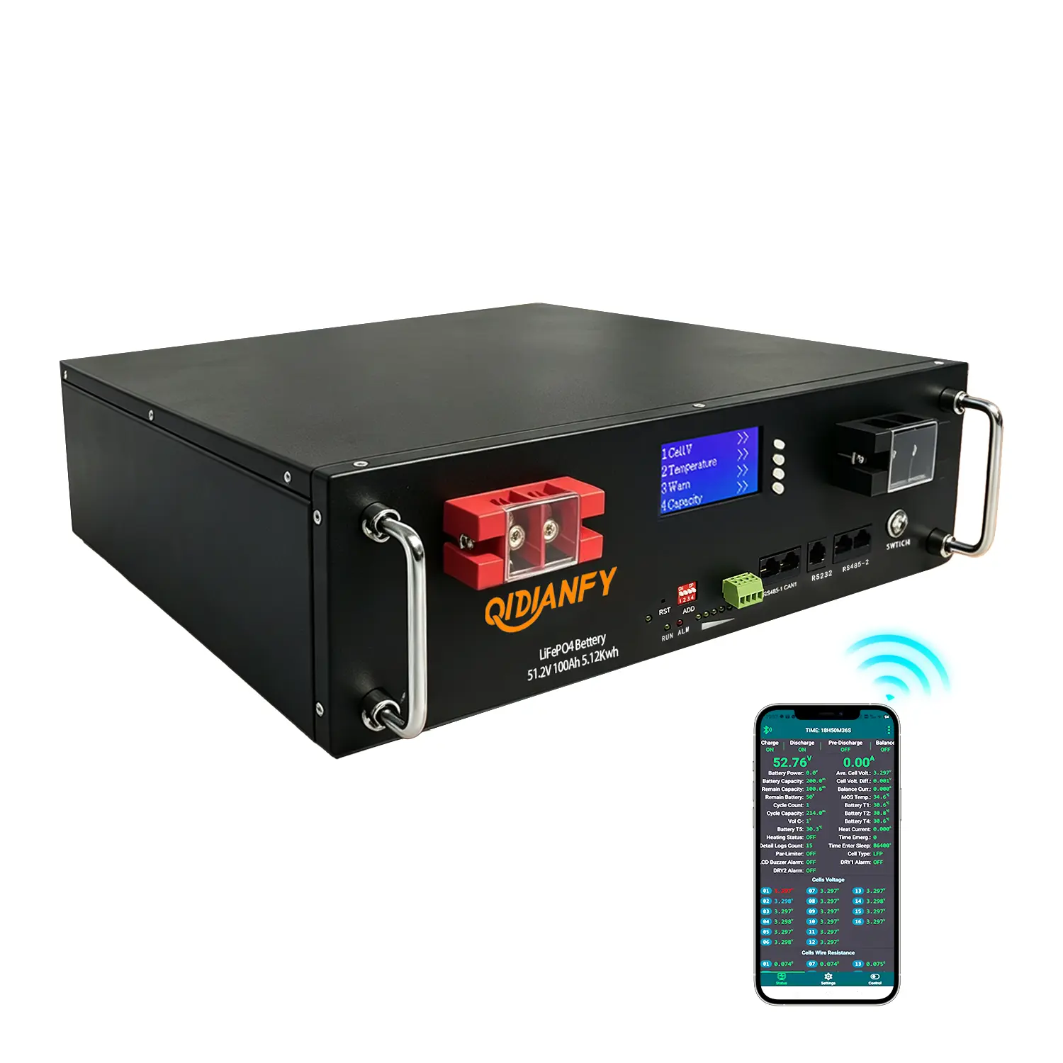 48V 100Ah Server Rack LiFePO4 Battery Bluetooth, 3U Rack-Mount | Built-in 100A BMS & LCD Monitor, 5.12kWh, 6000+ Cycles for Off-Grid Solar System, Home Energy Storage, Backup