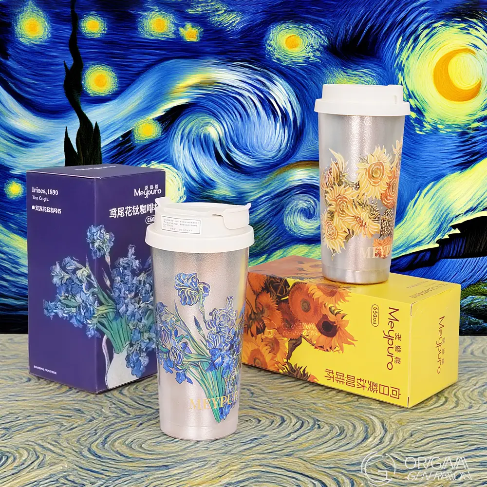 Sturdy Lightweight Art Design Flower Titanium Vacuum Flask, 500ml/17oz, 16H Hot Retention, 16H Cold Retention, Tea-Friendly, Leak Resistance, Iris, Flasks