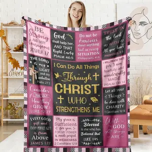 I Can Do All Things Through Christ Throw Blanket, Pink Black Bible Verse Flannel Blanket, Soft Cozy Warm Throw, Be Strong Courageous Design, Christian Gift for Her Girlfriend Daughter, Scripture Plaid Border Bedroom Dorm Decor