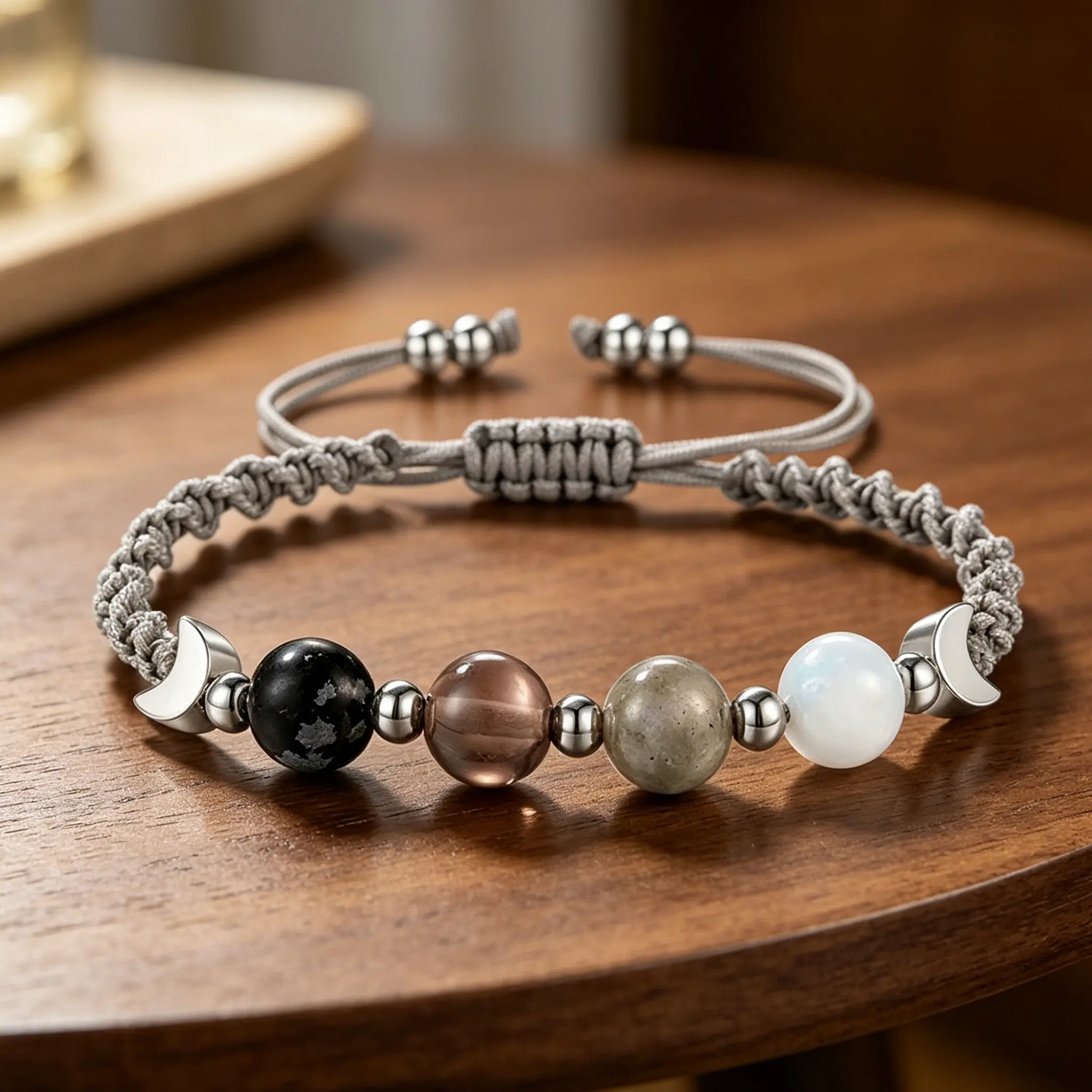 Witchy Boho Natural Crystal Bracelet for Women - Moonstone, Obsidian, Smoky Quartz Beaded Adjustable Braided Jewelry, Witchtok Everyday Wear Costume Aesthetic Accessories backtoschool