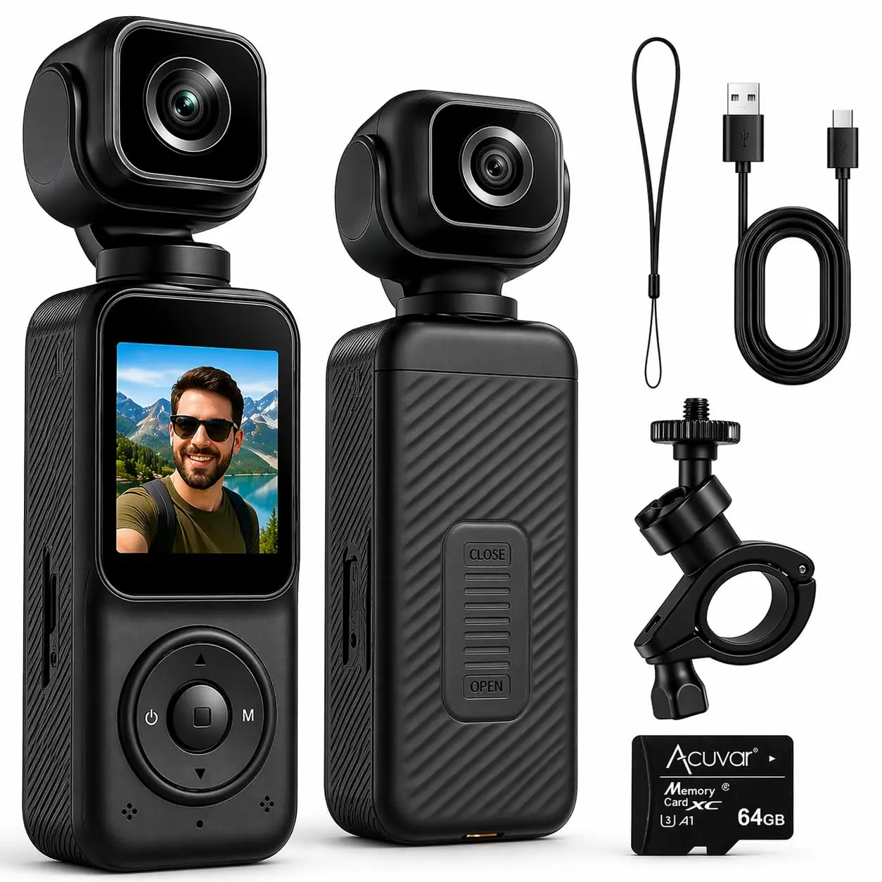 Mini 4K Pocket Camera with Front & Rear Lens, Portable Video Camera with LCD Screen, WiFi, 270° Rotation, 64GB SD Card Included