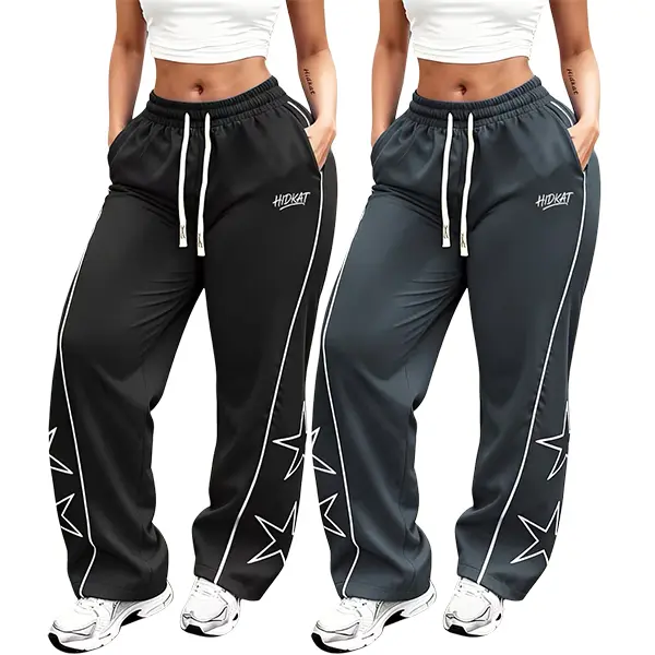 2-pack women’s lightweight sports pants—lightweight, soft, loose fit; oversized women’s long pants with gray side five-pointed star print design; comfortable athletic casual bottoms for gym wear; unisex style.