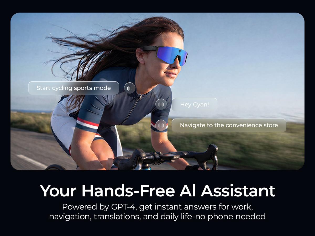 Smart Sports Glasses with 8MP Camera, 2KPhoto/1200P Video Recording WearableGlasses, IP54 Waterproof MultifunctionalWireless Audio Bluetooth Glasses withHeadphone, Outdoor Sports PolarizedSunglasses with Al Voice Assistant, UVProtection Eyeglass