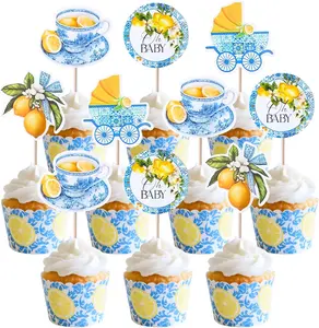 24Pcs Blue White Tiles Lemon Oh Baby Cupcake Topper Sweet Fruit Theme Summer Lemonade Cupcake Picks for Baby Shower Party Decorations