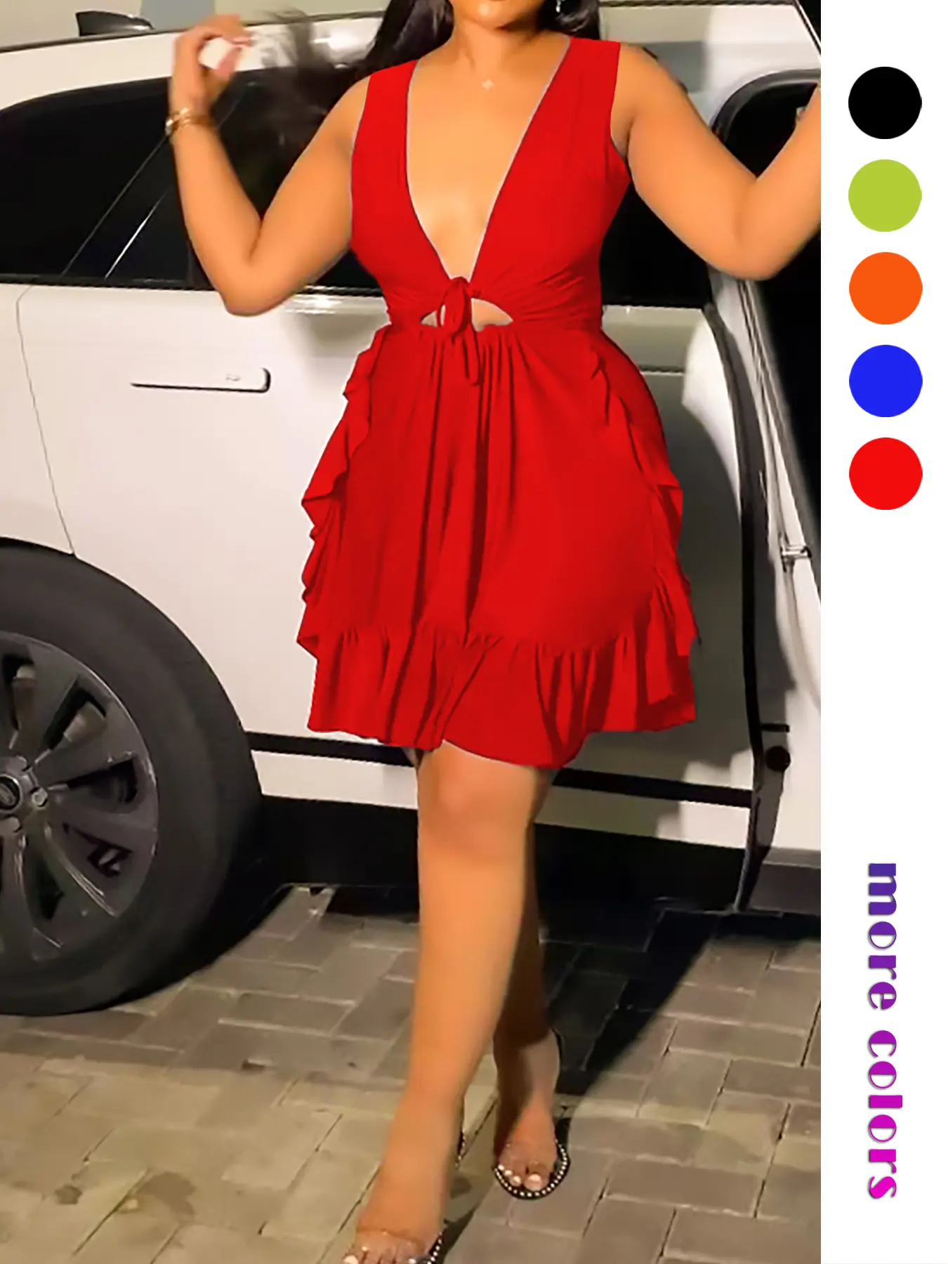 Women's Plain Cut Out Ruffle Hem Tie Front Tank Dress, Elegant Deep V Neck  Sleeveless A Line Short Dress for Party Holiday Wedding Guest, Formal  Dresses Women, Ladies Clothes for All Seasons -