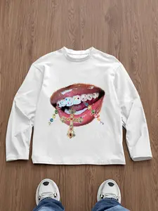 Men's Slim-Fit Long Sleeve T-Shirt, Casual Fashion Print Tee, All-Season Wear, Street Style, Unisex Design, Young College Trend, Streetwear