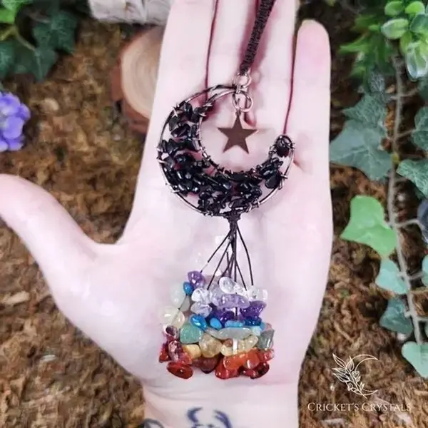 Handmade Obsidian Crystal Moon Décor with Red Jasper, Orange Aventurine, and More