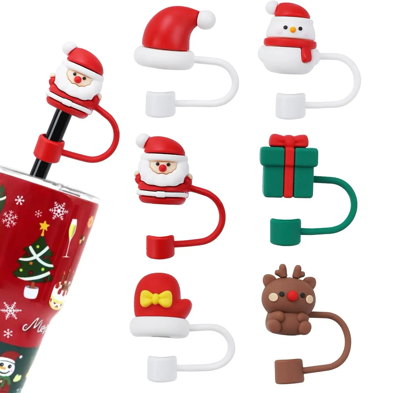 Christmas Silicone Straw Caps 6pcs for Stanley Cup, Dustproof, Reusable Lids, Cute Drinkware Accessories for Christmas Gifts, Home, Kitchen, Parties.