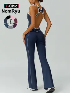 Women's color blocked backless jumpsuit comfortable and nude with a cinched waist sleeveless U-neck wide leg flared pants yoga clothes jumpsuit suitable for gym training outdoor running dancing tennis seasonal fashion contrasting Backless Sports Jumpsuit
